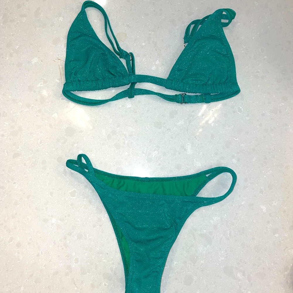 Bydee swim , sparkly green , top medium bottom small and cheeky fit